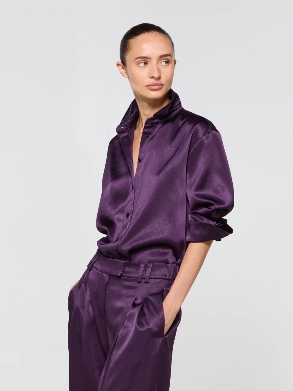 Serena Bute London Aubergine Purple SATIN BOYFRIEND SHIRT